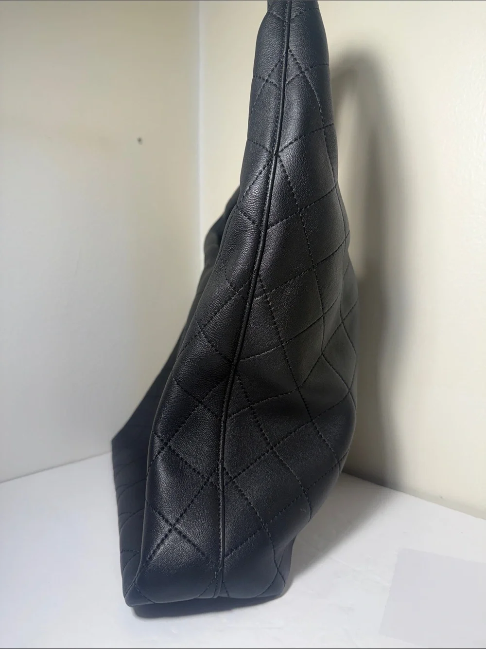Black Quilted Leather Hobo with Gold Chain Accent